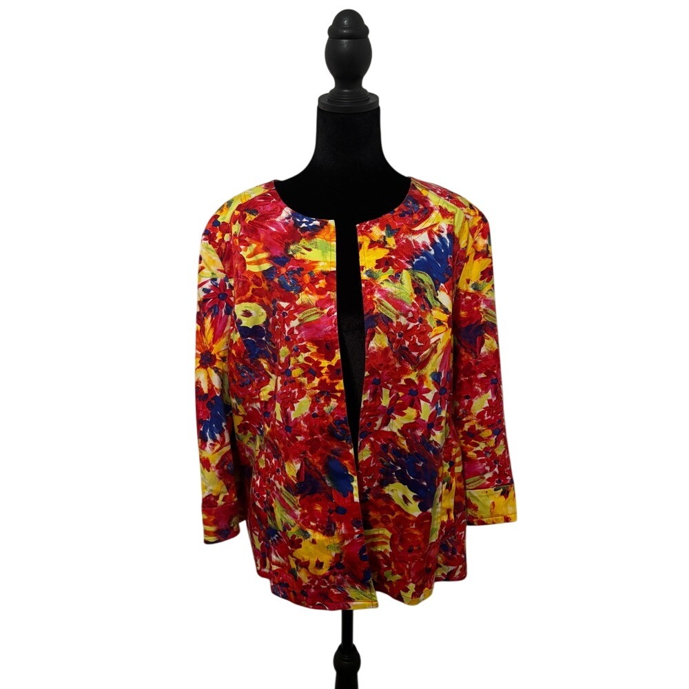 ATTYRE New York Floral Blazer Women XL Red Yellow Blue Open Front Jacket VG